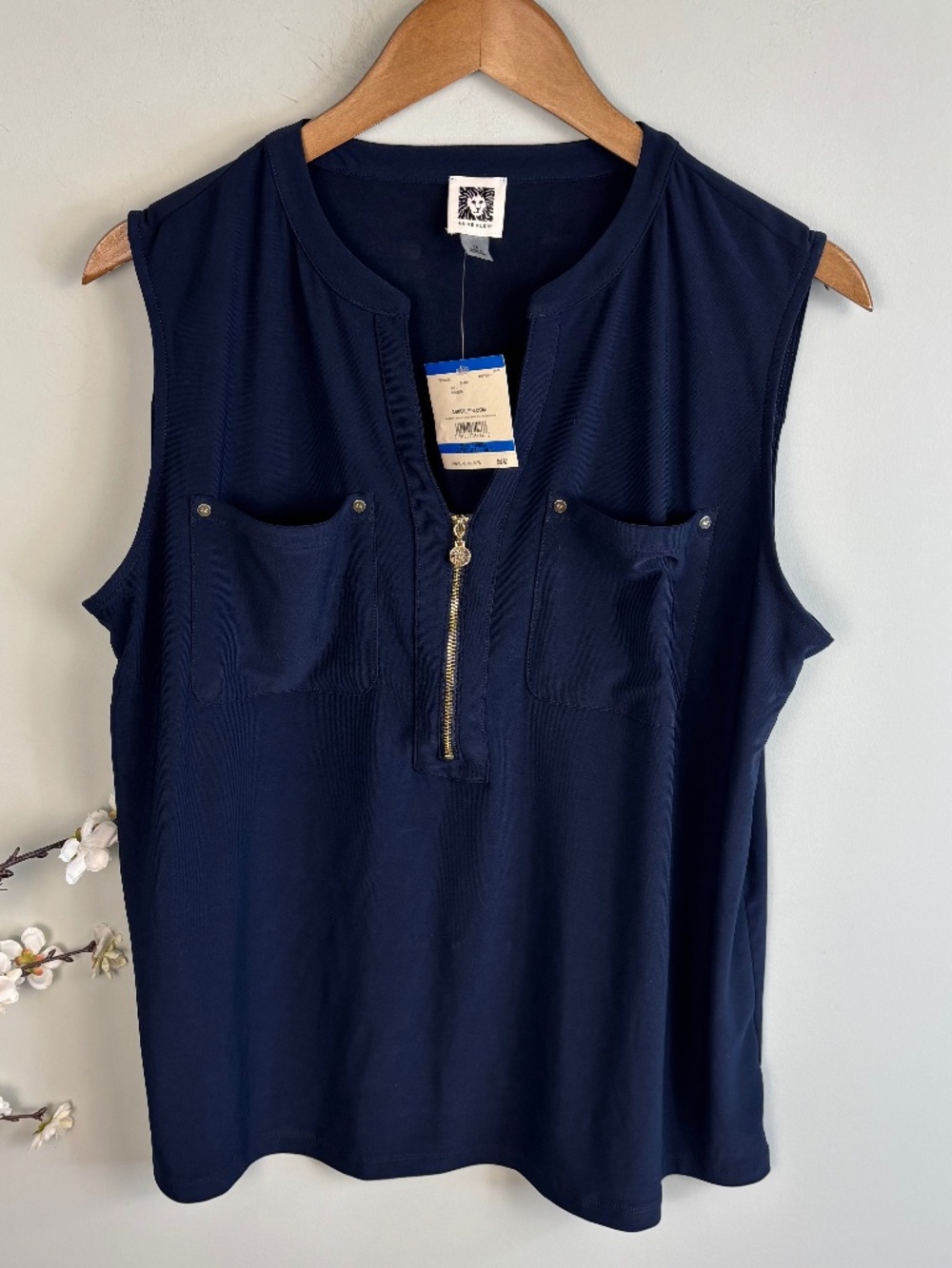 Anne Klein Navy Sleeveless Zip-Front Blouse